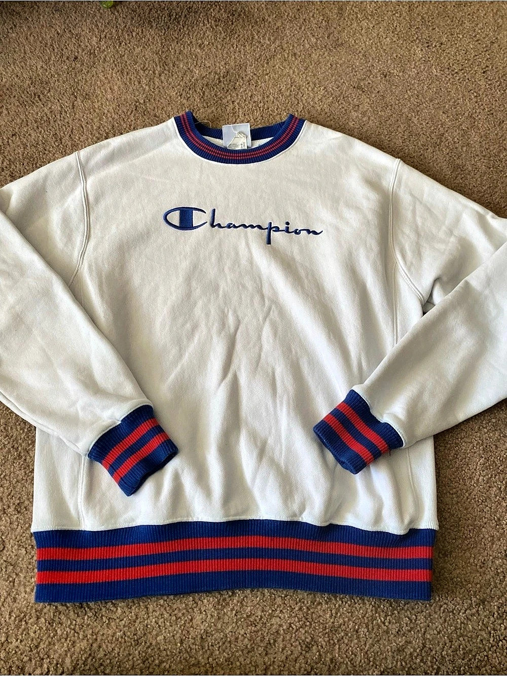 Champion Reverse Weave Striped Sweatshirt in White & Blue Size Medium